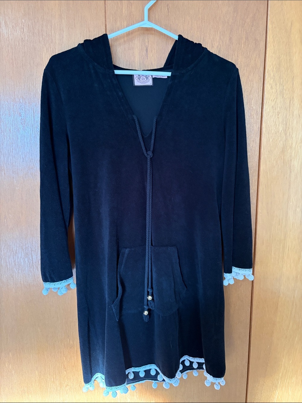 Black Hooded Beach Coverup with Pom Trim
